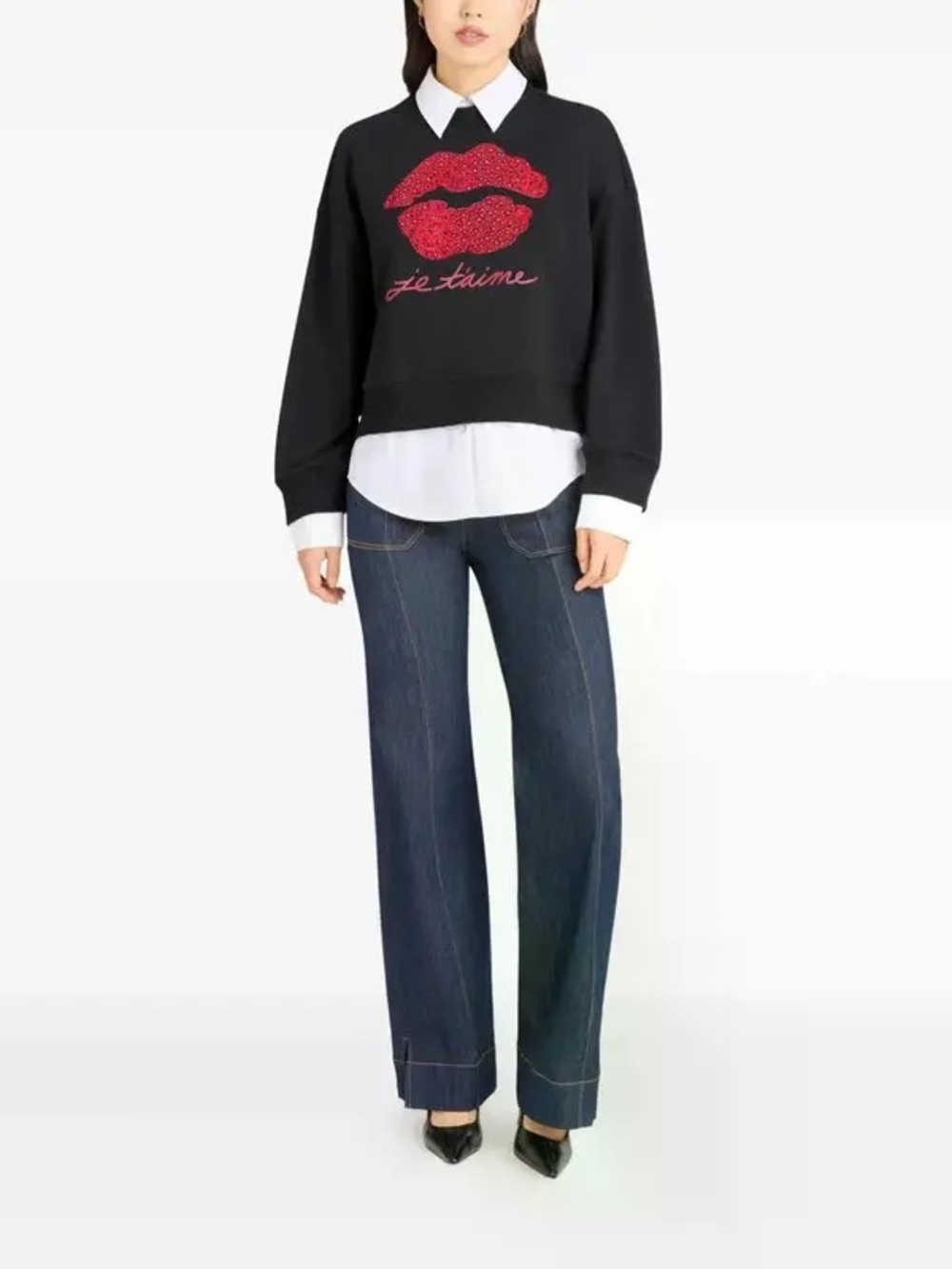 Cinq à Sept Cotton Blend Layered Sweater Crystal Lips Embellished Black M